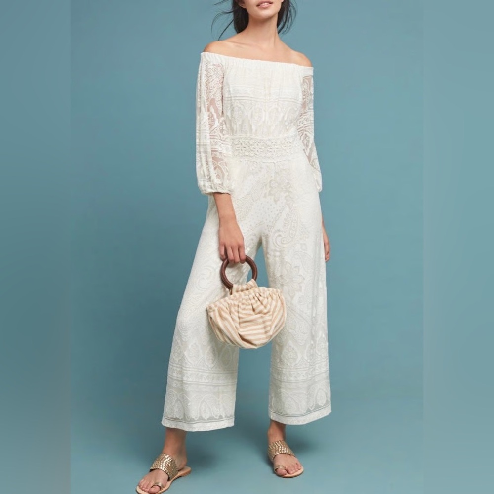 Anthropologie x Farm Rio Elliott Lace Off the Shoulder Jumpsuit